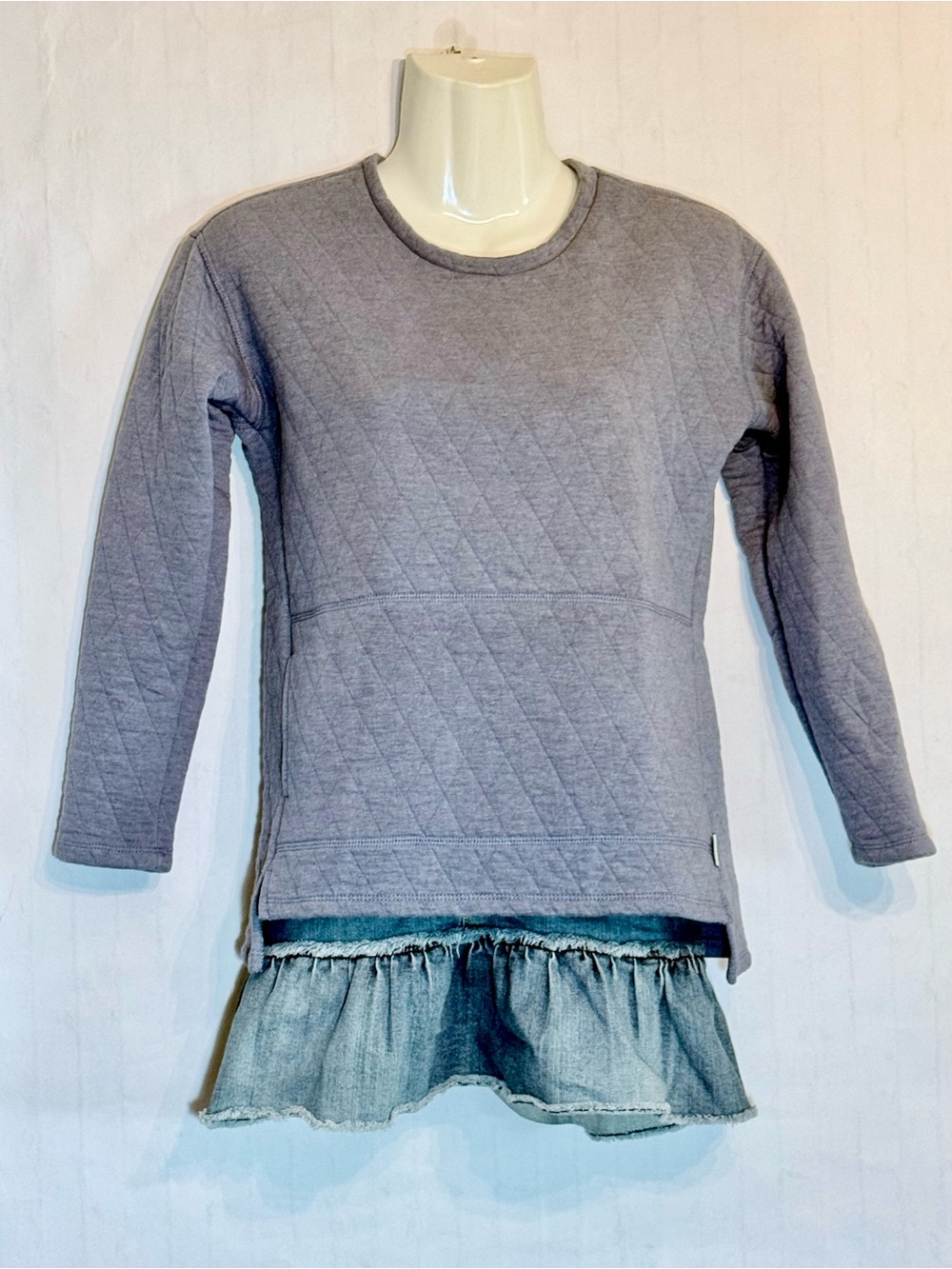 Magellan Outdoors Quilted Gray Long Sleeve Girls Top with Denim Ruffle